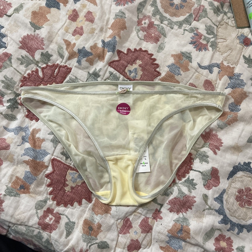 Vtg DKNY String Bikini Soft Mesh Panty Yellow Flower Front Size L Lingerie Sheer